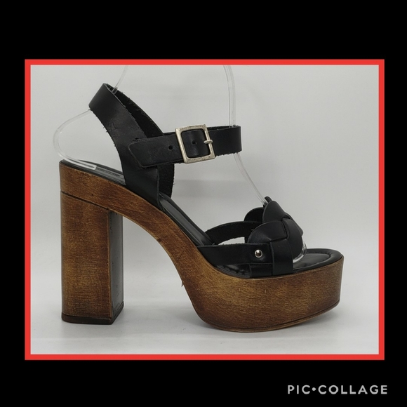 ASOS Black Leather Strappy Wood Platforms Size 8 - Picture 6 of 8